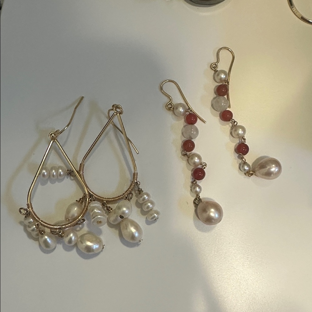 Elegant Pearl and Red Bead Earrings Bundle of two
